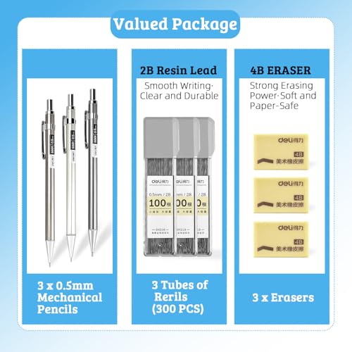 deli 0.5mm Metal Mechanical Pencil Set, 3 PCS Mechanical Pencils with 3 Tubes 2B Lead Refills and 3 Erasers, Writing & Drawing Pencil Kit for Back to School Stationery Supplies(Random Color) - color: 0.5mm