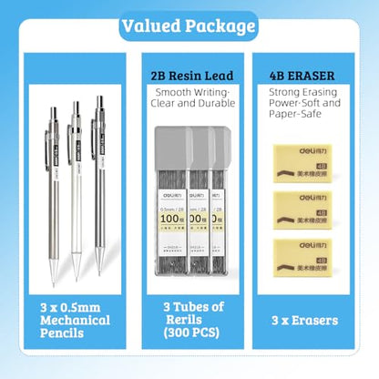 deli 0.5mm Metal Mechanical Pencil Set, 3 PCS Mechanical Pencils with 3 Tubes 2B Lead Refills and 3 Erasers, Writing & Drawing Pencil Kit for Back to School Stationery Supplies(Random Color) - color: 0.5mm