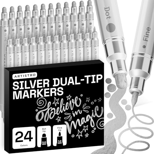 ARTISTRO Silver Dual-Tip Acrylic Paint Marker Pens - Set of 24 | Dot & Fine Tips for Fabric, Rock, Glass, Wood, & Coloring Books, Arts & Crafts Gift, Classroom Must Haves & School Supplies - style: Silver