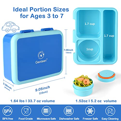 Genteen Lunch Box with 3 Compartments for Measl and Snacks, Sauce Container - color: BLUE2