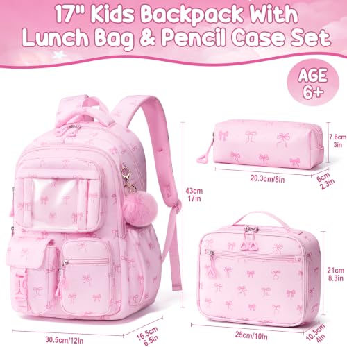 Fimibuke Kids Backpack for School Girls, 3Pcs Waterproof Girls Backpack with Lunch Box & Pencil Pouch - Lightweight Bookbag for Elementary Middle School Student Teens Ages 6+ Pink Bow - color: B3.pink Bow