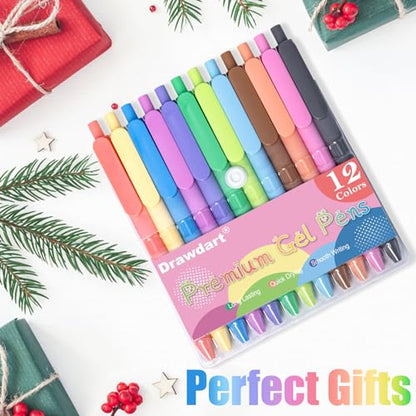 Drawdart Gel Pens 12 Colors Retractable Quick Dry Ink Pens Fine Point 0.7mm, Smoooth Writing Pens Multicolor for Journaling, Drawing, Doodling, and Note Taking, Multicolor, 12-Count