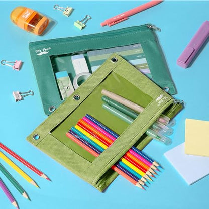 Mr. Pen- Pencil Pouch for 3 Ring Binder, 2 Pack, 10"x6.75", Smooth Zipper | Clear Window, Large Capacity Pencil Case with 3 Reinforced Grommets for School, Office, Supplies Storage | Clear Window, Large Capacity Pencil Case with 3 Reinforced Grommets for