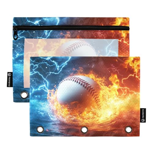 Baseball Pencil Pouch For 3 Ring Binder Clear Window Pencil Case For 3 Ring Reinforced Grommets With Zipper, 2 Pack - color: Baseball