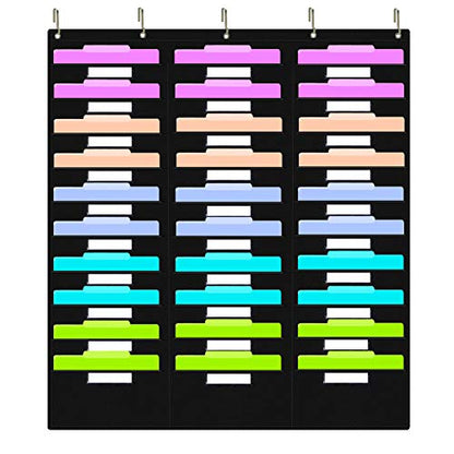 Eamay Hanging File Folder Organizer - 30 Pockets, 5 Over The Door Hanger - Office Document Letter Organizer - color: Black 30 Pockets