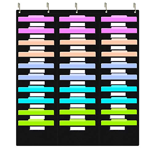 Eamay Hanging File Folder Organizer - 30 Pockets, 5 Over The Door Hanger - Office Document Letter Organizer - color: Black 30 Pockets