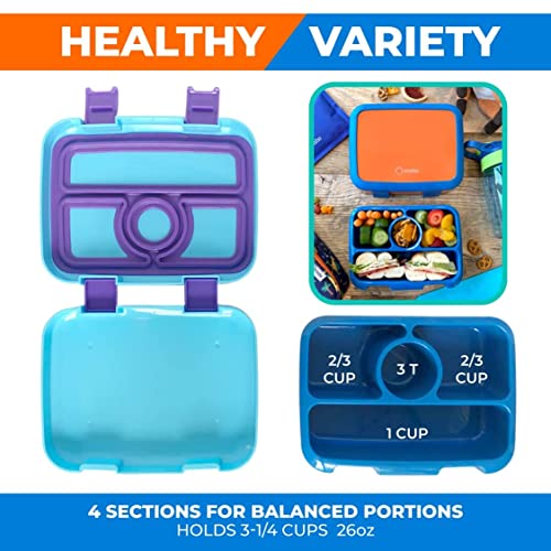 kinsho Bento Lunch Box, Boxes for Kids Toddlers Boys Girls, 4 Portion Divided Sections Secure Lid, BPA Free Removable Tray, Pre-School Kid Daycare Lunches Snack Container, Blue Purple Aqua 2 Pack Set - color: Blue Orange + Blue Purple Bentos