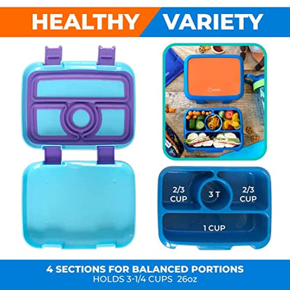 kinsho Bento Lunch Box, Boxes for Kids Toddlers Boys Girls, 4 Portion Divided Sections Secure Lid, BPA Free Removable Tray, Pre-School Kid Daycare Lunches Snack Container, Blue Purple Aqua 2 Pack Set - color: Blue Orange + Blue Purple Bentos