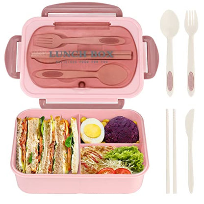 Bento Box for Adult, 1200 ML Lunch Containers for Adults, LeakProof Lunch Box with Utensils, BPA Free, 3 Compartment Bento Box Microwave Safe, Pink - color: Pink
