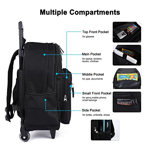 Tilami Rolling Backpack 18 inch Double Handle with Lunch Bag Wheeled Kids Backpack for Girls and Boys, Black - color: Black