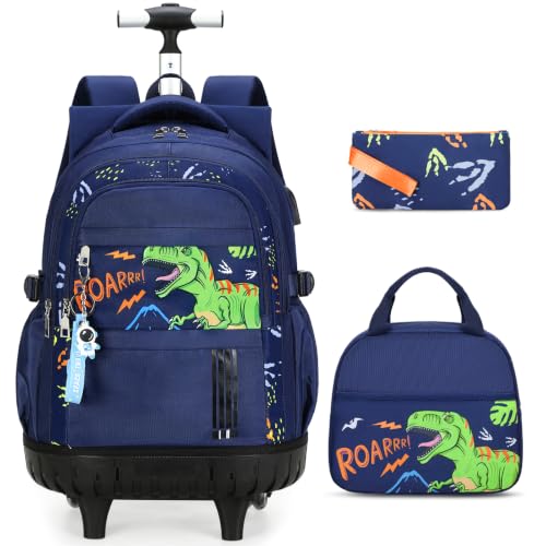 ACESAK Rolling Backpack for Boys, Kids Backpack with Wheels Portable with Insulated Lunch Box & Pencil Case, Multi-Pocket Roller Backpack for Preschool Kindergarten Kids Boys Travel(Dinosaur) - color: Dinosaur