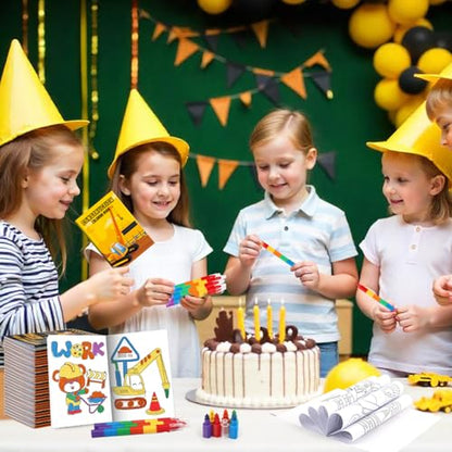 BenLouis 24 Construction Mini Coloring Books Kids with 24 Stacking Crayons Excavator Theme Party Favors Activity Books Bulk for Kids Construction Birthday Goodie Bag Gift Stuffer Classroom Reward - style: Construction