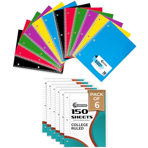 Rosmonde College Ruled Combo, Loose Leaf Paper, 450 Sheets, 6 Pack, 3 Hole Punched, Filler Paper & Spiral Notebook, 12 Pack, 1 Subject, 70 Sheets, 3 Hole Punched, School, College & Office