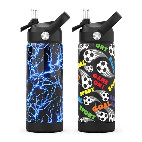 Boys Water Bottle with Straw,18 oz Kids Insulated Cups with Stainless Steel Leak Proof for School,Sport&Travel（2pack，Lightning+Soccer） - color: C11.Lightning+Football