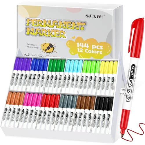 SFAIH 144 Pack Permanent Markers Bulk - School Classroom Set, 12 Vibrant Colors, Works on Paper, Clothes, Plastic, Fabric, Student Art Supplies, Drawing, Coloring, Non-Toxic, Classroom Group Supplies - color: 12 colors 144 Pack