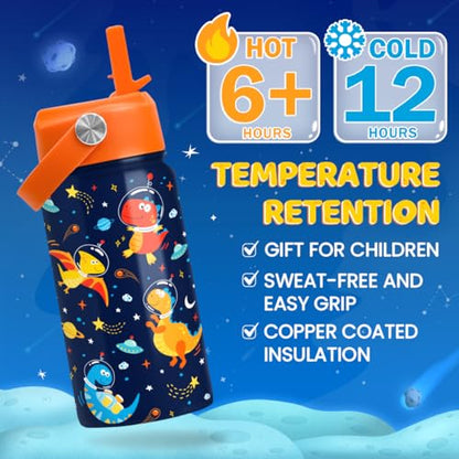 Kids Water Bottle with Straw Lid - 12 Oz Insulated Stainless Steel Dinosaur Water Bottles for Kid Boys - Travel Cup for School Sports - color: Cosmos Dinosaur