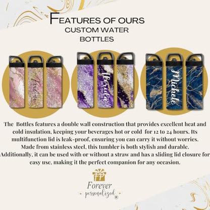 Personalized Black Gold Marble Water Bottle with Name | 20oz Stainless Steel Insulated Bottle | Custom Gym, School & Sports Tumbler for Adults & Students - color: Black