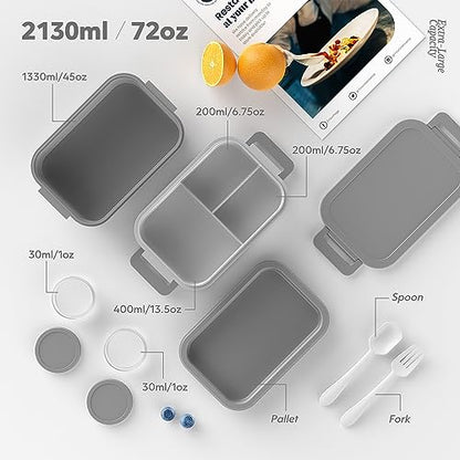 Jelife Adult Bento Box Lunch Box - 3 Layers Stackable Bento Lunch Box for Adults, 72oz Large-Style All-in-One Bento Boxes Leak-Proof Lunchbox with Utensil Sauce Containers for Dining Out,Work, Grey - color: 1-Grey