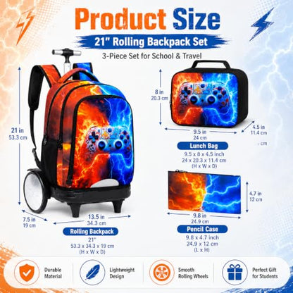 AGSDON Quiet Rolling Backpack with Lunch Box Set – Large‑Wheel Water‑Resistant Wheeled Bag for School, Outings, and Travel | Fire-Lightning Gaming 3‑Piece Organizer Backpack - color: Big Wheel Rolling Backpack Fire-lightning Gaming