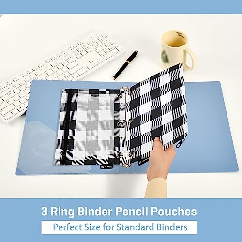 Fisyme White and Black Buffalo Plaid Pencil Pouch for 3 Ring Binder Pencil Case Pencil Bag Zipper Pouch with Clear Window for Office Supply 2 Pack - color: Multi-19