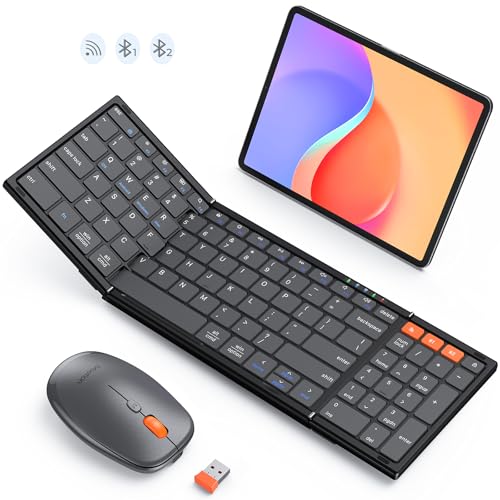 MEETION Foldable Keyboard and Mouse, Folding Portable Wireless Keyboard Mouse, Full Size Rechargeable 2.4G+Dual Bluetooth Keyboards Combo for Business Travel, for Windows/Mac/iOS/Andriod, iPad/Laptop - color: C9550 Black