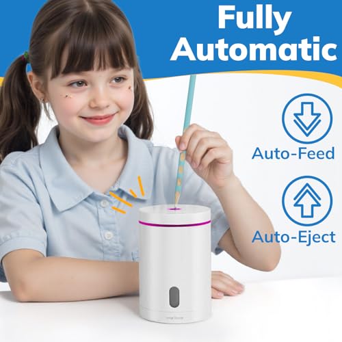 Electric Pencil Sharpener, Fully Automatic Pencil Sharpener with Auto In and Out, Rechargeable and Hands-Free for Standard 6-8mm Pencils, Perfect for Classroom and Home Use (White and Pink) - color: White & Pink