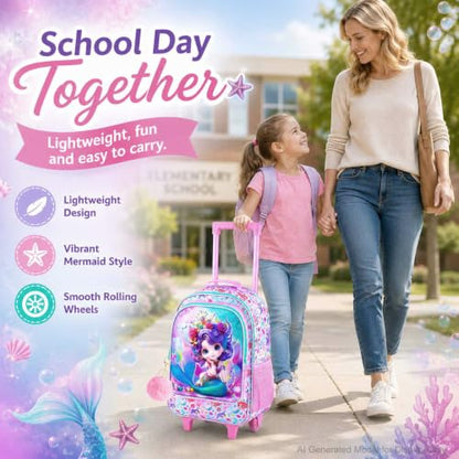 3Pcs Rolling Backpack for Girls, Kids Roller School Backpack with Wheels, Mermaid Wheeled Bookbag for Elementary Preschool Kindergarten(Pink) - color: Mermaid Pink