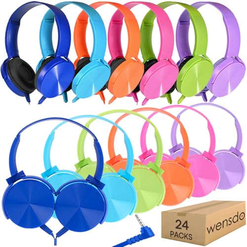 Classroom Headphones Bulk 24 Pack Multi Colored for Kids School, Wholesale Class Set Durable Wired Earphones for Students Children Toddler Teens Boys Girls Adult Laptop Computer(HY450, 24 Mixed) - color: Mixed Colors, size: 24 Pack