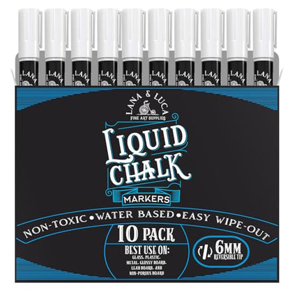 LANA & LUCA Liquid Chalk Marker Pen - White Dry Erase Marker - Chalkboard Markers for Signs, Windows, Blackboard, Glass - Reversible Tip (6mm, 10 Pack) - size: 10 Count (Pack of 1)