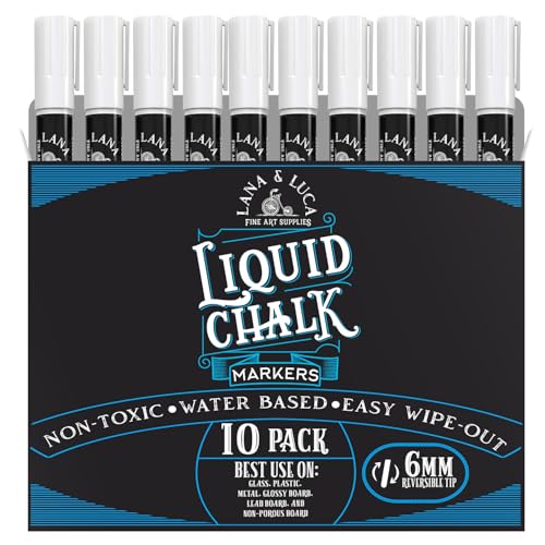 LANA & LUCA Liquid Chalk Marker Pen - White Dry Erase Marker - Chalkboard Markers for Signs, Windows, Blackboard, Glass - Reversible Tip (6mm, 10 Pack) - size: 10 Count (Pack of 1)