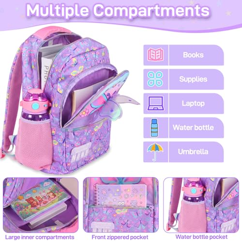 Kids Backpack for Girls with Lunch Box, Cute Butterfly Kids Elementary SchoolBag Middle-School Bookbag Back to School Gift - color: Butterfly
