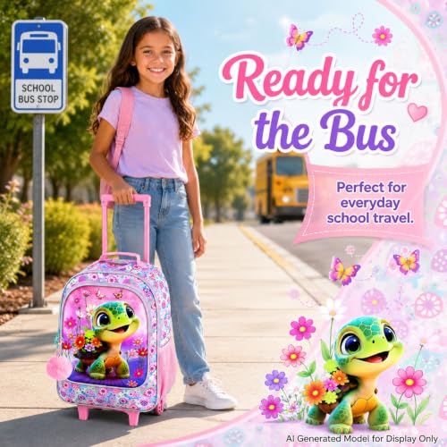 AGSDON 3PCS Kids Rolling Backpack, Girls Roller Wheels Bookbag, Wheeled Elementary School Bag with Lunch Bag - Turtle - color: Turtle Roller