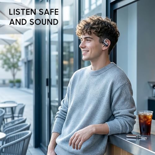 kurdene Open-Ear Headphones, Digital Display Wireless Earbuds with Ear Hooks, Ultra-Comfort, Snug Fit, Powerful Sound, Clear Calls, 42H Playtime, Bluetooth 5.4 for Office, Outdoor Use-Black