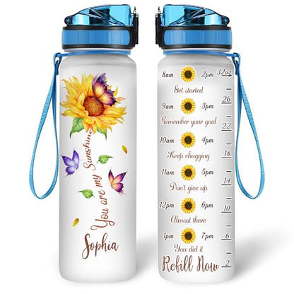 Hyturtle Personalized Sunflower Water Bottle - 32oz Motivational Water Bottle with Leak-Proof Lid & Time Marker - Custom Name Sunflower Gifts for Women, Girls Lovers On Birthday Christmas - color: Butterfly