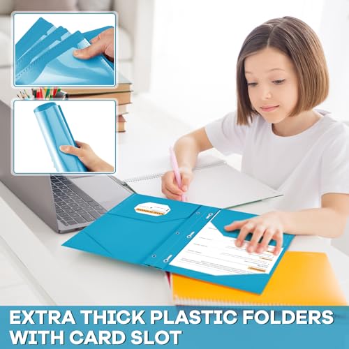 Henoyso 48 Pcs Plastic Folder with Clear Front Pocket and 3 Prongs Heavy Duty Plastic Folders with Card Slot Pocket Folders with Prongs for School Office Home (Gemstone Blue) - color: Gemstone Blue