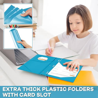 Henoyso 48 Pcs Plastic Folder with Clear Front Pocket and 3 Prongs Heavy Duty Plastic Folders with Card Slot Pocket Folders with Prongs for School Office Home (Gemstone Blue) - color: Gemstone Blue