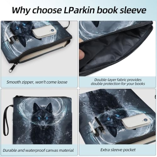 Padded Book Sleeve with Zipper & Front Pocket, Fabric Book Cover | Mystic Smoke Black Wolf11.4"x8.7" Washable Canvas Pouch for Hardcovers, Tablets & Reading Accessories - color: Mystic Smoke Black Wolf