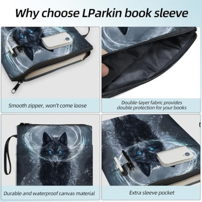 Padded Book Sleeve with Zipper & Front Pocket, Fabric Book Cover | Mystic Smoke Black Wolf11.4"x8.7" Washable Canvas Pouch for Hardcovers, Tablets & Reading Accessories - color: Mystic Smoke Black Wolf