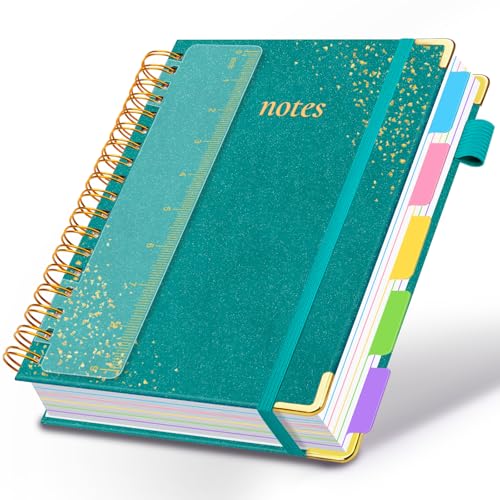 Hardcover Spiral Notebook with Removable Dividers & Tabs, 8"x10" 5 Subject Notebooks for Work, 300 Pages College Ruled Notebook, B5 Sparkle Lined Journal for Women Girls Note-Taking (Cyan) - color: Cyan, size: 8''x 10''
