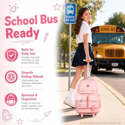 WZLVO Rolling Backpack for Girls Women, 21 inch Water Resistant Roller Wheels Backpacks, Wheeled Bookbag with Lunch Bag for Teen Elementary School Travel - Pink - color: Pink