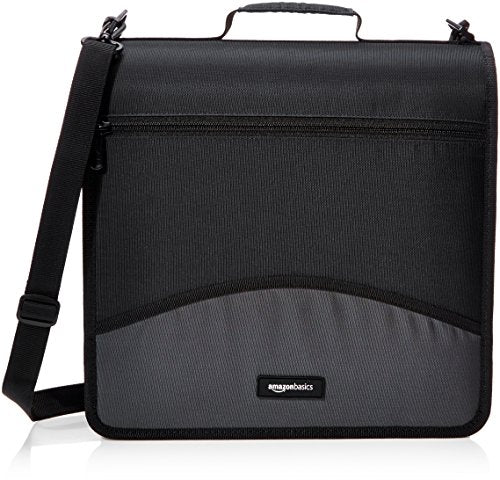 Amazon Basics Durable 3 Ring Binder with Zipper and Strap, Multiple Pockets, Sturdy Storage for School and Office, 3 inch, Black