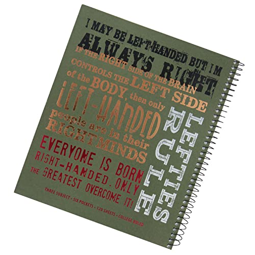 Left-Handed 3 Subject Spiral Notebook With Lefty Sayings (Green) - color: Green