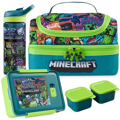 Get Trend Minecraft Kids Lunch Box 3 Pc Set with Insulated Lunch Bag, Bento Box with Two Mini Pots & 20 fl oz Water Bottle with Straw for School, Picnic, Creeper Gamer Gifts for Boys (Multi Minecraft) - color: Multi Minecraft