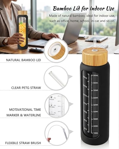 Nefeeko 32 oz Glass Water Bottles with Straw, Time Marker, Motivational 1 Liter BPA FREE Leakproof Reusable Glass Water Bottle with Silicone Sleeve, Bamboo, Spout Lid - color: Black