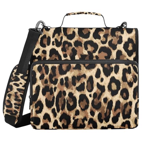 Bolaz Durable 3 Ring Binder Bag with Zipper,Brow-Black Leopard Print,1.5 Inch Multi-Pockets Organizer with Shoulder Strap and Handle - color: Brow-black Leopard Print