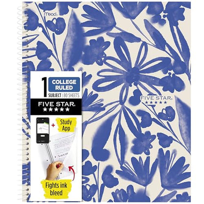 Five Star Spiral Notebook + Study App, 1 Subject, College Ruled Paper, 8-1/2" x 11", 80 Sheets, Fights Ink Bleed, Water Resistant Cover, Soft Petals Blue (820441F-ECM) - color: Soft Petals Blue, size: 1 Pack