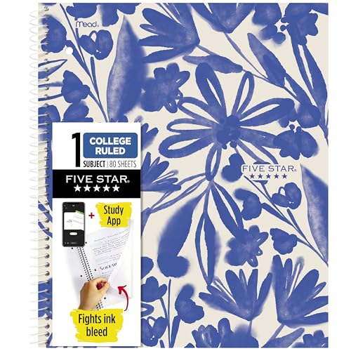 Five Star Spiral Notebook + Study App, 1 Subject, College Ruled Paper, 8-1/2" x 11", 80 Sheets, Fights Ink Bleed, Water Resistant Cover, Soft Petals Blue (820441F-ECM) - color: Soft Petals Blue, size: 1 Pack