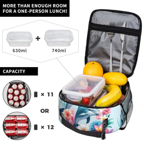Dolphin Flowers Lunch Bag 10In | Insulated Lunch Box Reusable Tote Bag For Picnic Office For Women Men - color: Style 8