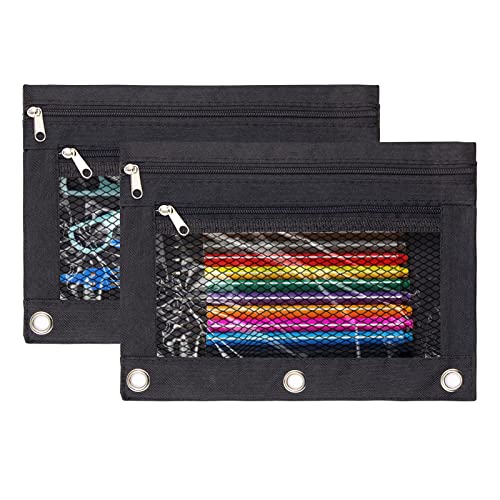 3 Ring Binder Pencil Pouchs, Zippered Pencil Pouch Double Pocket Pencil Pouch 3 Ring with Clear Mesh Window (Black 2pack) - color: Black,2 Layer
