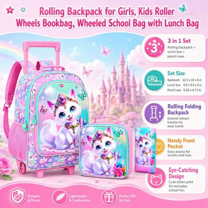 3Pcs Rolling Backpack for Girls, Kids Roller School Backpack with Wheels, Fox Wheeled Bookbag for Elementary Preschool Kindergarten(Pink) - color: Fox Pink